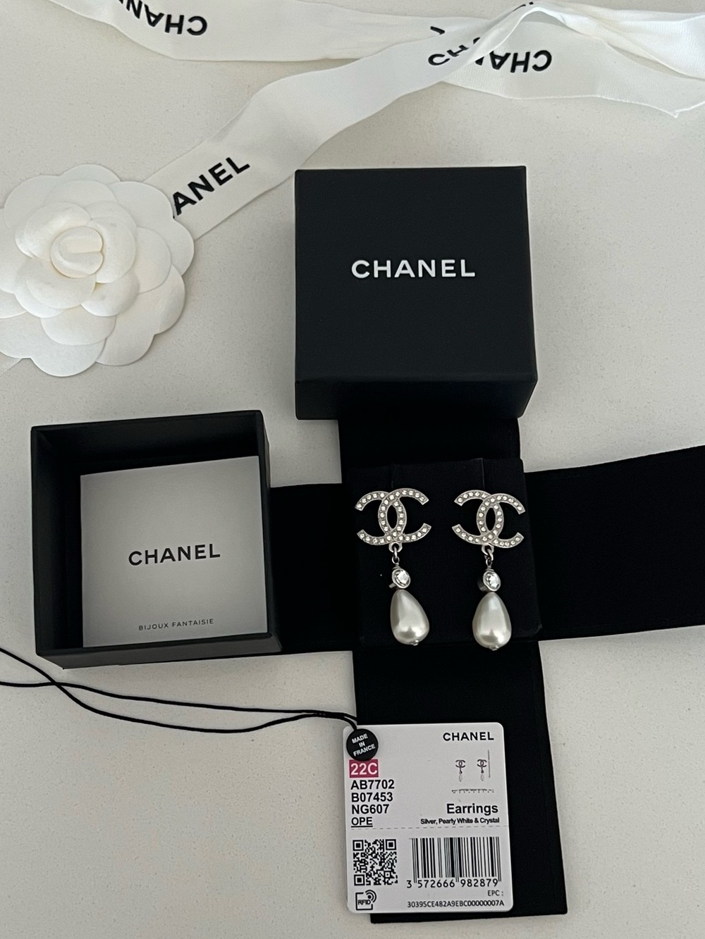 CHANEL Silver CC Crystal Drop Earrings with White Teardrop Pearls